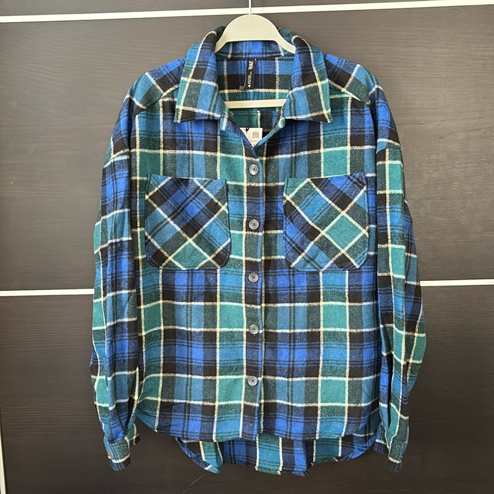 Zara Women’s Plaid Flannel Oversized Button Down Shirt Blue Green Size Small